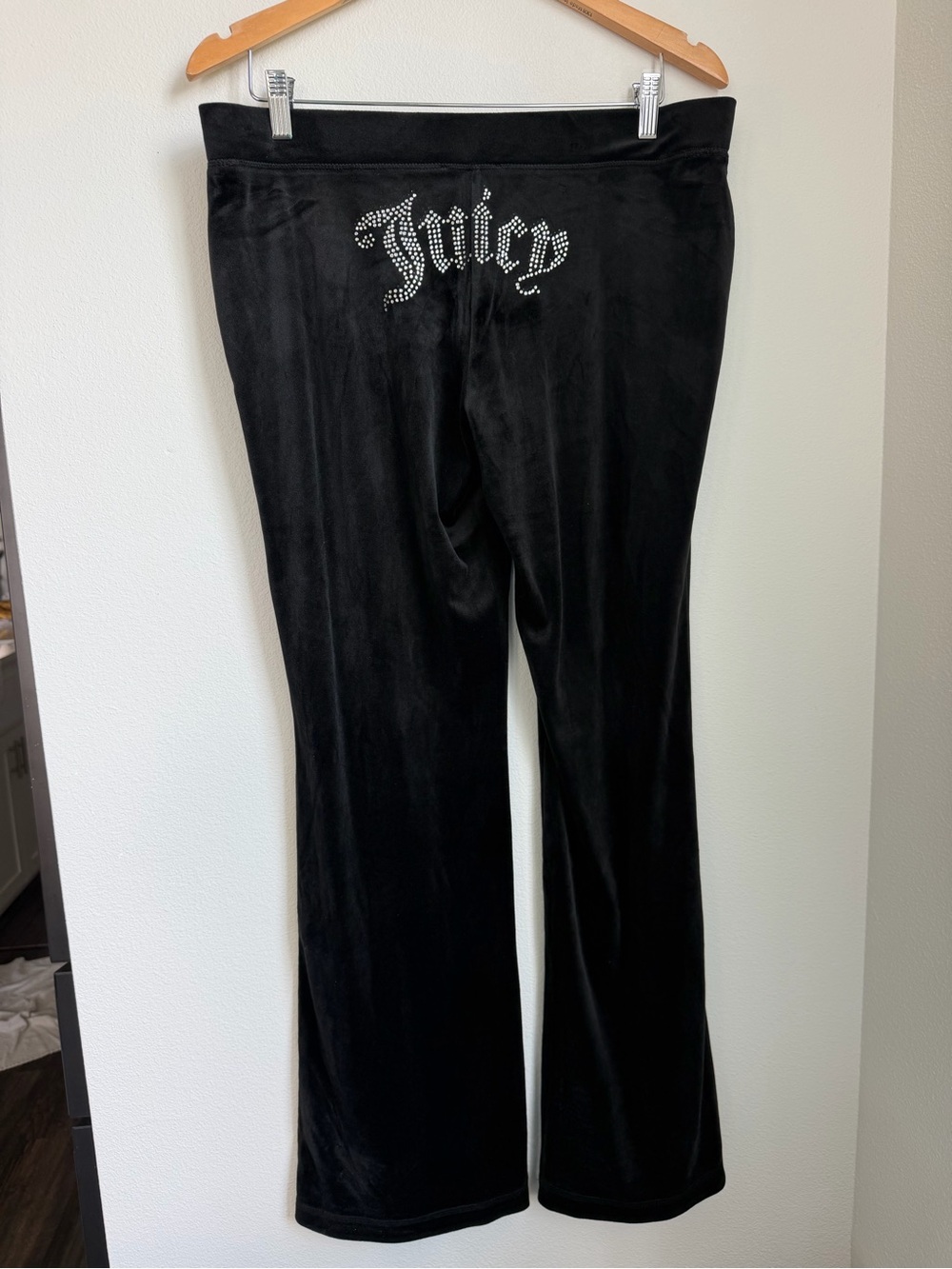 Juicy Couture Black Velour Boot Cut Pants with Rhinestone Logo